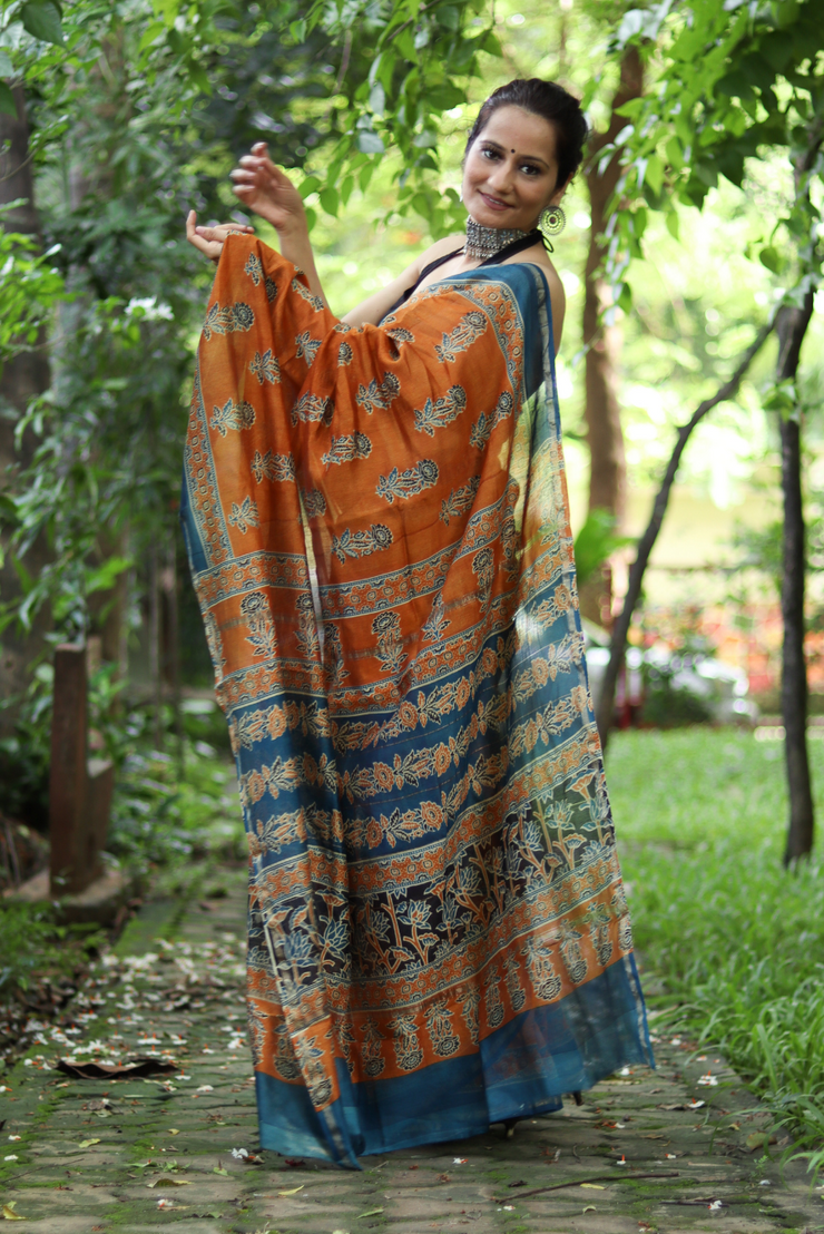 Block Printed Chanderi Silk Saree – Shop@DVIJA